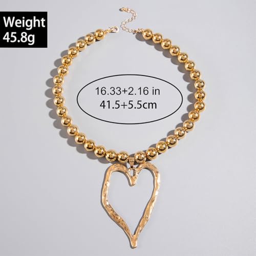Unique Big Chunky Gold Heart Beads Necklace for Women, Charm Large Thick Hollow Love Heart Pendant Beaded Chain Choker Necklaces Party Y2K Jewelry Gift2