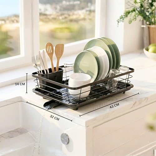 Image of flymore Dish Drying Rack with Cutlery Holder | Heavy Stainless Steel Kitchen Drying Rack with Drain Tray & Cutlery Holder | Countertop Utensils Stand - Sink Organization & Home Decor