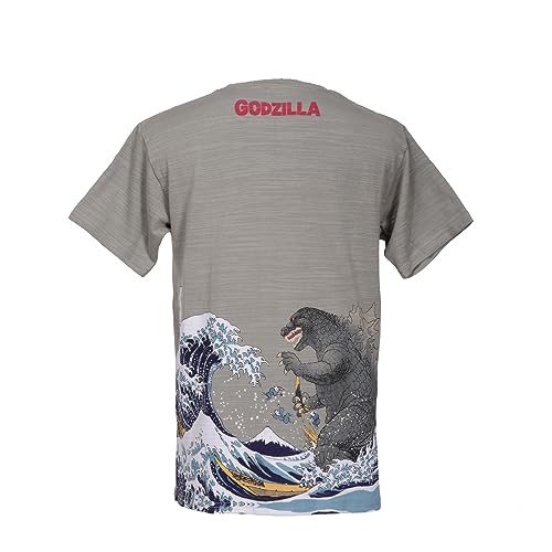 Godzilla T-Shirt Thirty-six Views of Mt. Fuji Hokusai Gray Medium