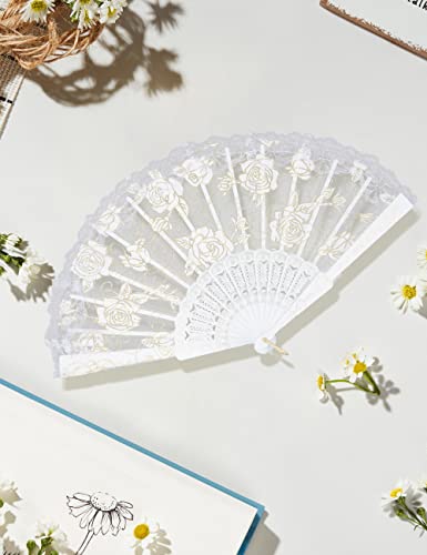 Eosau Lace Rose Floral Folding Fan Chinese Retro Handheld Fans Elegant Hand Fan For Weddings Dancing Cosplay Parties (White) #TOP3