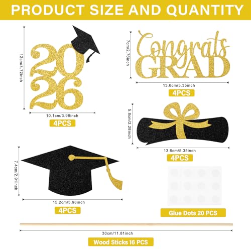 Image of Graduation Decorations 2026, 16PCS Graduation Centerpieces for Tables, Class of 2026 Graduation Party Decorations, Gold and Black Grad Party Decors Table Toppers Sticks