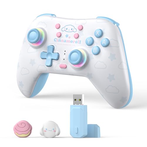 Image of Kuitmor Cinnamoroll Dog Switch Pro Controller, Cute Hall Effect Wireless Gamepad No Drift for Switch 2 /Switch /OLED /Lite, PC /Steam, Android, iOS, Bluetooth + Wired, Turbo, Back Buttons, 6-Aixs Gyro, Wake-up, RGB (Blue, With Receiver)