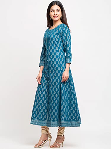 Image of Yash Gallery Women's Cotton Relaxed Fit Anarkali Plus Size Gold Printed Kurta