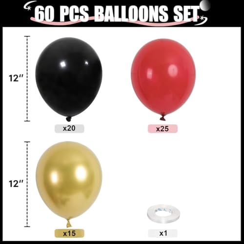 Image of HILAVO Red Black and Gold Balloons, 60Pcs 12 Inch Red and Black Gold Party Balloons Casino Vegas Latex Balloons for Movies Night Graduation Halloween New Year Birthday Party Decorations