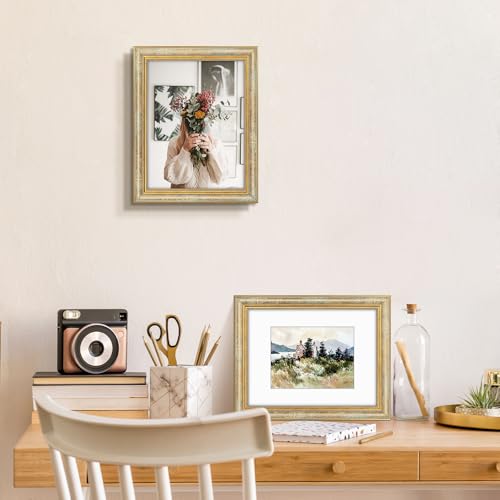 Image of Golden State Art,9x12 Ornate Picture Frame Holds 6x8 Photo,Vintage Gold | Includes real glass front,white mat,build-in hangers and buttons.Displays 6x8 photo on wall