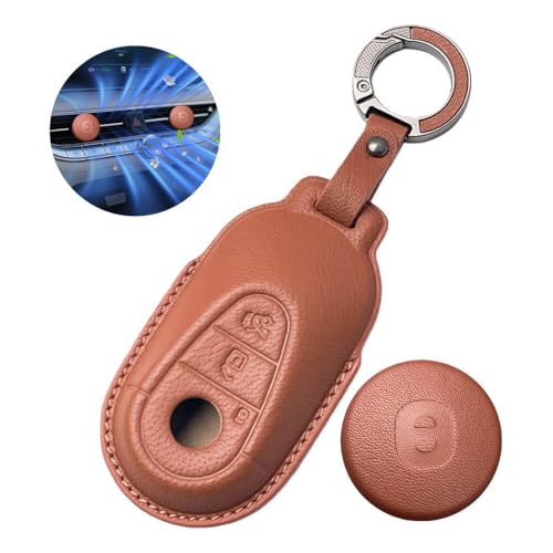 Image of Keyzone Premium Leather Key Cover & AC Vent Car Perfume Combo (4 Fragrances) | Compatible for Mercedes Benz S-Class, G-Class, E-Class 2022 Onwards 3 Button Smart Key (Brown)