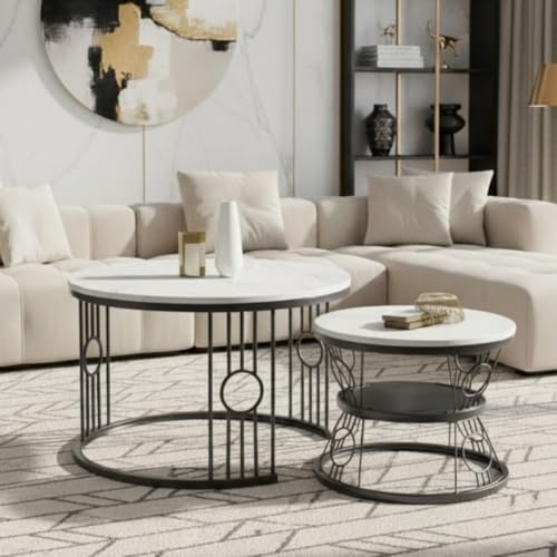 Image of Modern Nested Coffee Table Set of 2 | Round Marble Finish Tabletop with Metal Base | Luxury Center Table for Living Room, Lounge & Office (Ring Black White)