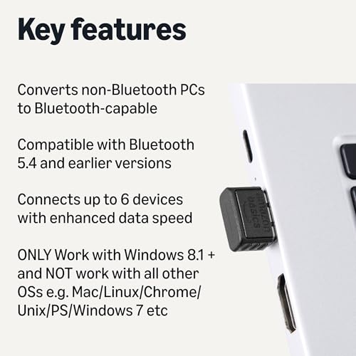 Image of Amazon Basics Bluetooth 5.4 USB Adapter Dongle for PC, USB Receiver for Bluetooth Mouse, Keyboard, Laptop, Windows 11 /10 /8.1 Compatible