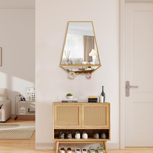 Image of BEAUTME 26x20 inch Bathroom Mirror with Shelf, Irregular Hexagonal Metal Wall Mirrors with Hooks, Bathroom Vanity Mirror Farmhouse, Wall Mounted Mirror Decor for Living Room Bedroom Entryway (Gold)