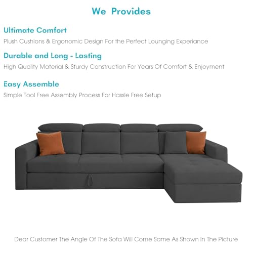 Image of Casaliving Gagnon RHS 6 Seater L Shape Corner Sofa Cum Bed for Living Room (Black Fabric) Premium Fabric Sofa