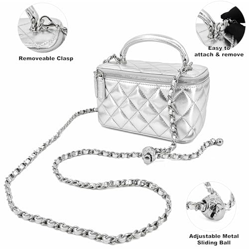 Image of M-ioi-M Small Genuine Leather Purse Quilted Crossbody Bag for Women, Mini Top-Handle Shoulder Handbag w /Gold Chain Strap