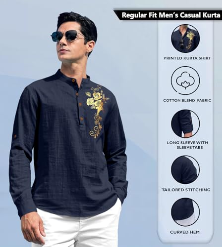 Image of Zombom Men's Cotton Polyester Blend Mandarin Collar Self One Design Printed Full Sleeve Casual Short Kurta Shirt