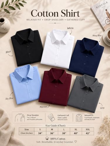 Image of OOMPH! Women's Cotton Solid Relaxed Fit Formal Shirt | Full Sleeve Drop Shoulder Button-Down Office Shirt | Spread Collar Workwear & Smart Casual Top