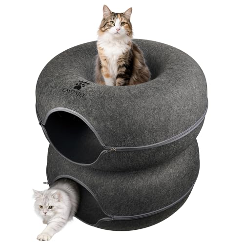 Cavoniel 2-Level Detachable Large Cat Tunnel Bed for Indoor Cats Scratch-Resistant Felt Donut Cat Cave Supports Up to 30 lbs Peekaboo Cat Tube (Dark Grey L 24 x 24 x 22 in)