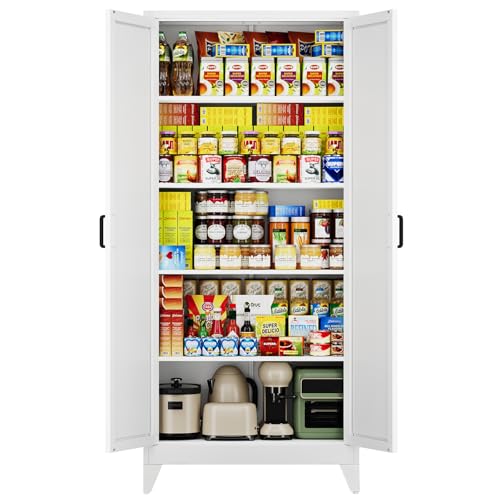 Letaya 75' H Metal Storage Cabinet with 2 Doors and 4 Shelves,Tall Kitchen Pantry Cabinets,Farmhouse Utility Pantry Organizers for Cupboard/Dining/Bathroom/Home Office/Garage,White