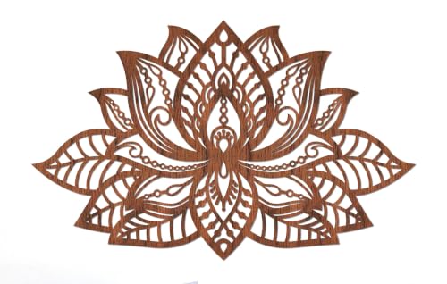 Duvar Dekoru, Lotus Çiçeği Ceviz Doğal Ahşap Kaplama Zen Mandala 100 cm (Genişlik)