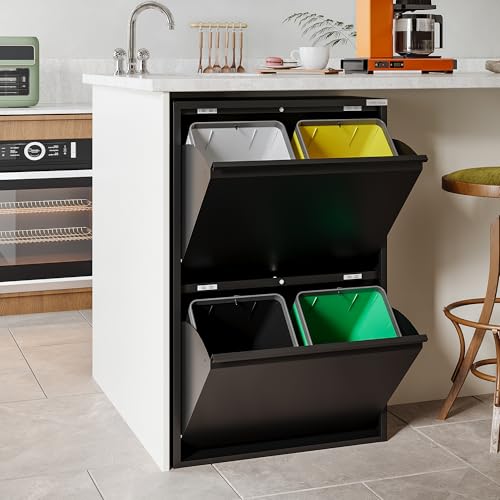 VEEHAUS Küche Mülleimer Für Den Vielseitigen Einsatz Mit Klappen Aus Edelstahl Stilvoller Abfalleimer Für Eine Effiziente Und Praktische Aufbewahrung Schwarz (4 x 15 LT - 60 LT)