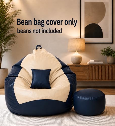 Image of Mansu-Premium Leatherette 4XL Bean Bag Cover with Footrest & Cushion (Without Beans) (4XL) (Cream NavyBlue)