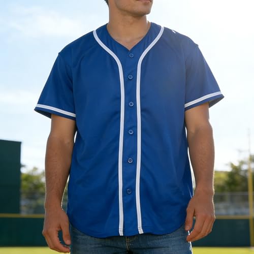 Camiseta de béisbol azul lisa, casual, manga corta con botones