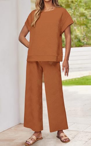 Image of PRETTYGARDEN 2 Piece Outfits For Women Casual Tracksuit Short Sleeve Tops And Wide Leg Long Pants Matching Lounge Sets