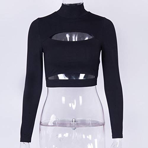 Susupeng Women Mock Neck Long Sleeve Cut Out Open Front Crop Top Tee Tops Slim Short T-Shirt (Small, Black)