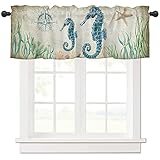 Coastal Window Valance Rod Pocket Curtain Panels for Kitchen Bedroom Window Vintage Seahorse and Sta