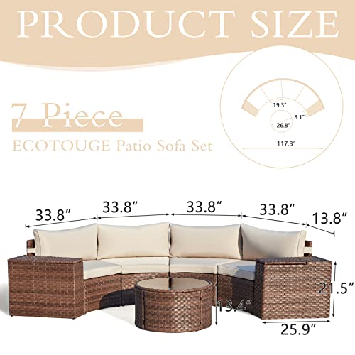 Ecotouge 7 Piece Outdoor Patio Half Moon Furniture, Patio Sectional Conversation Sofa Set With 2 Storage Armrest，Tempered Glass Round Table, Side Tables, Thick Backrest (Beige) #TOP6