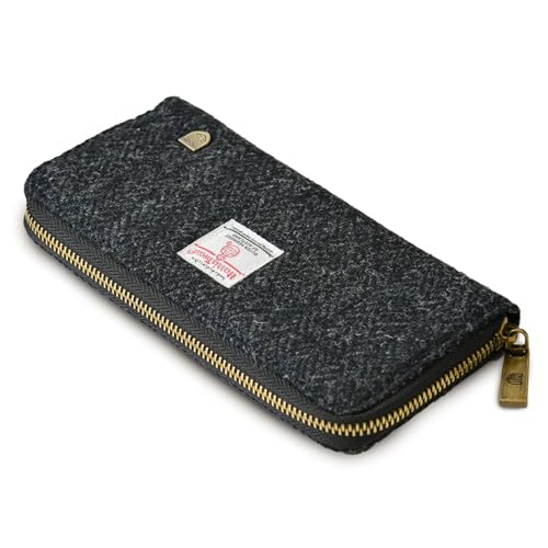 Image of Islander HarrisTweed & PU Leather women's long zip purse, Carry Cash & card, Scottish Style, Black Herringbone