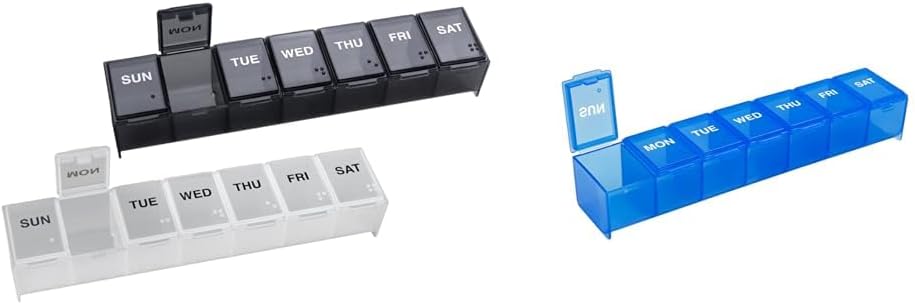 EZY DOSE 7-Day Pill Organizer Bundle - 1 Black and White and 1 Blue Large Compartment Weekly Vitamin Planners and Medicine Boxes, Made in The USA