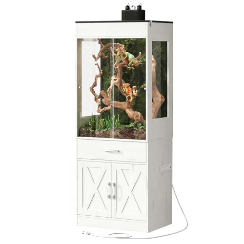 Terroute 67 Gallon Reptile Tank with Stand Terrarium Enclosure with Power Outlet for Bearded Dragons Snakes Lizards Chameleon Gecko Sliding Acrylic Doors & Mesh Top White CAGE001E
