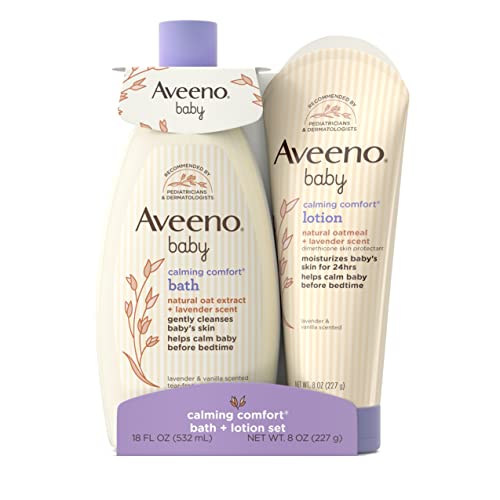 Image of Aveeno Baby Calming Comfort Bath & Lotion Set, Night time Baby Skin Care Products with Natural Oat Extract, Lavender & Vanilla Scents, Paraben-Free, 2 Items