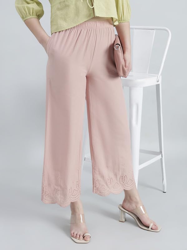 Image of GO COLORS Women's Cotton Hakoba Palazzo | Ankle Length, Schiffli Embroidery, Relaxed Fit, Mid-Rise with Side Pocket