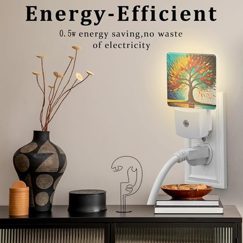 Image of Colorful Life Tree Night Light Plug into Wall, Abstract Modern Artwork Oil Painting Dusk to Dawn Night Light Plug in,0.5w Energy Saving Sleep Friendly NightLight for Kids Boys Girls Home Decor