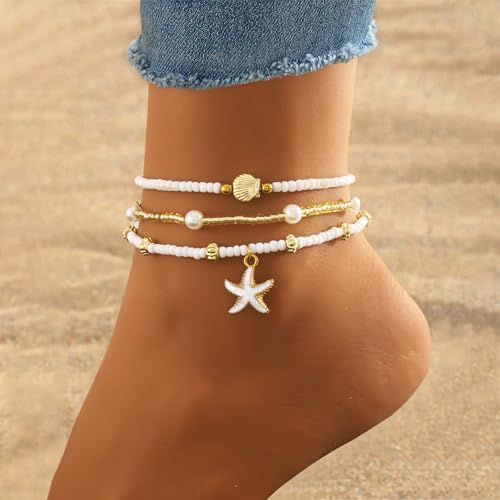 Image of Qceasiy Bead Ankle Bracelets Set For Women, Adjustable Gold Plated Boho Shell Anklet, Hawaiian Beach Seashell Pearl Disc Starfish Conch Foot Jewelry, Summer Fashion Gifts