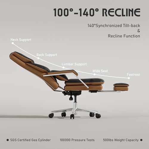 Image of SeekFancy Reclining Office Chair with Footrest, Big and Tall Office Chair 500lbs with Wide Seat and Lumbar Support for Heavy People, High Back, PU Leather, Black