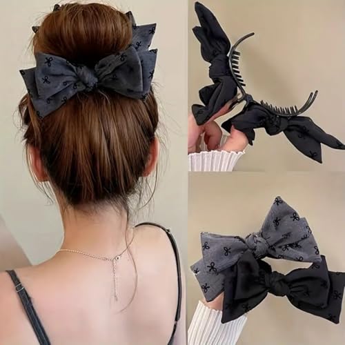 2pcs Elegant Bow Hair Clips - Winter Elegant Bows Claw Clips Cute with Black Grey Bows Design Claw Clips for Thick Thin Hair Winter Hair Accessories Valentine Hair Bow Clips for Women Girls
