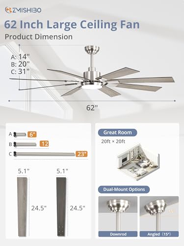 Image of ZMISHIBO 62 inch Brushed Nickel Modern Ceiling Fan with Light and Remote, Indoor /Outdoor Industrial Ceiling Fan for Living Room Patio, 6 Speed Reversible Quiet DC Motor, 3 CCT, Dual Finish 8 Blades