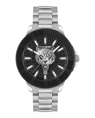 Plein Sport City Rush Collection Luxury Mens Watch Timepieces with a Silver Bracelet Featuring a Stainless Steel Case and a Black Dial