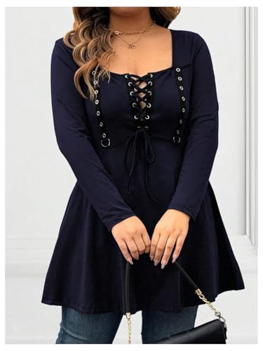 Image of SOLY HUX Women's Plus Size Peplum Tops Lace Up Square Neck Long Sleeve Ruffle Hem Tee Flowy Casual T Shirt