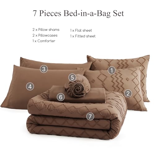 Image of AMBERSPACE Full Size Comforter Set Brown, Tufted Geometric Boho Bedding Farmhouse Bed Set, All Season 7 Pieces Bed in a Bag with Sheets, Pillowcases & Shams