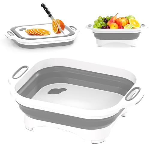 Image of Collapsible Cutting Board, HI NINGER Chopping Board with Knife Kitchen Foldable Camping Dishes Sink Space Saving 2 in 1 Multifunction Storage Basket for BBQ Prep/Picnic/Camping (Grey)