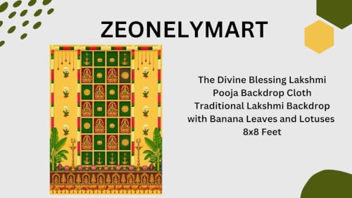 Image of varalakshmi Backdrop | Divine Blessing Lakshmi Pooja Backdrop Cloth Traditional Lakshmi Backdrop with Banana Leaves and Lotuses 8x8 Feet | Pooja Backdrop Decoration Cloth