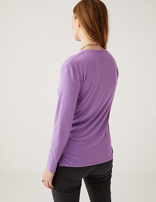Image of Marks & Spencer Per UNA Womens Solid Modal Blend V-Neck Regular Fit Long Sleeve Top