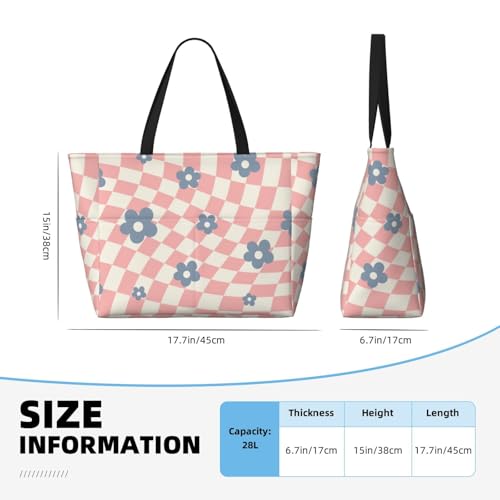 Pink Blue Checkered Floral Oversized Waterproof Beach Bag – Multi-Pocket Zipper Tote, Compact Foldable Design For Travel, Pool, Shopping & Outdoor Adventures4