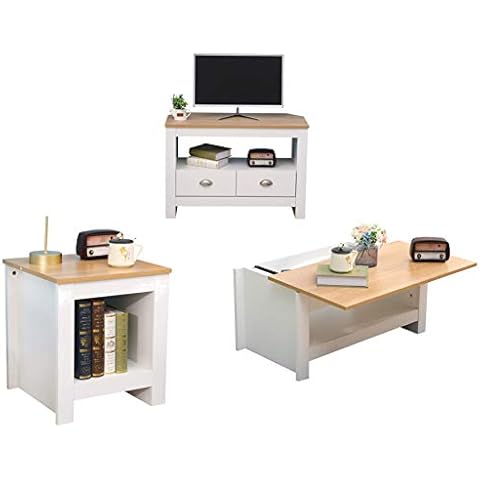 CF Furniture Living Room 3 Piece Set Lamp Table Sliding Top Coffee Table TV Stand Modern Simple Practical White+Oak Cover