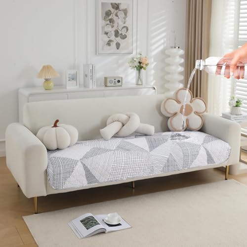 Image of HOKIPO 'Elira Series' Polyester Blend Digitally Printed Water Repellent + Waterproof Sofa Seat Mat for 3 Seater Sofa - Snow White Black Geometry (NEW-AR-5248-C9*1)