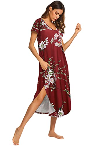 Ekouaer Ladies Nightgowns Short Sleeve V Neck Nightshirts With Flowers Soft Plus Size Pajamas Gowns (Pat10,X-Large) #TOP3