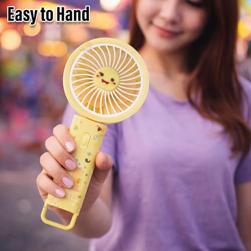 Image of WISHKEY Portable Handheld Mini Fan Cute Dragon Print- USB /Battery Rechargeable, High-Speed Cooling for Travel, Office & Outdoor Use,Rechargeable Fan with 3 Speed Modes- Yellow