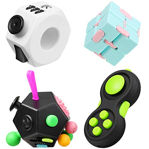 Sumind 4 Pieces Handheld Mini Fidget Toy Set Include 12-Side Fidget Toy Cube, Cube, Cam Fidget Controller Pad, Decompression Ring for Teens, Adults to Relieve Pressure (Green, Pink)
