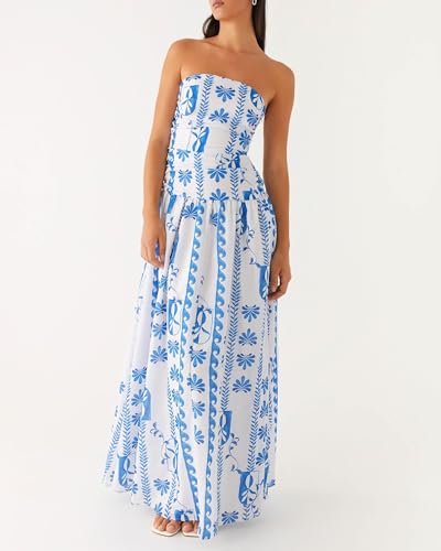 Image of Women Floral Strapless Maxi Dress Y2K Bodycon Tube Long Dresses Sexy Party Formal Cocktail Beach Slit Dress